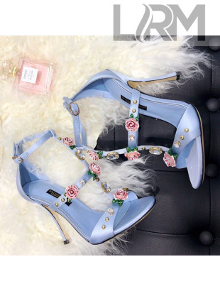 Dolce & Gabbana Silk Crystal Flower Sandals 9cm Blue 2021