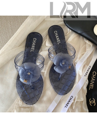 Chanel Transparent Flat Thong Sandals with Camellia Navy Blue 2021