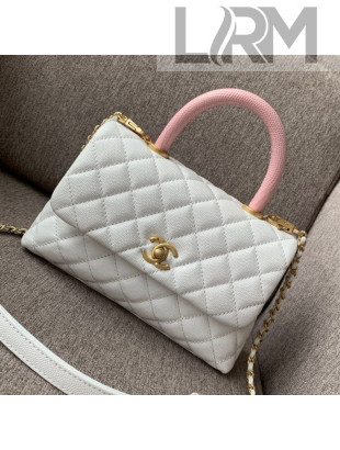 Chanel Small Grained Quilted Calfskin Coco Handle Flap Top Handle Bag White/Pink 2019