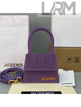 Jacquemus Le Chiquito Mini Top Handle Bag in Crocodile Embossed Suede Purple 2021