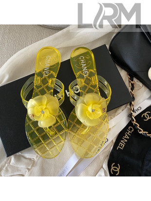 Chanel Transparent Flat Thong Sandals with Camellia Yellow 2021
