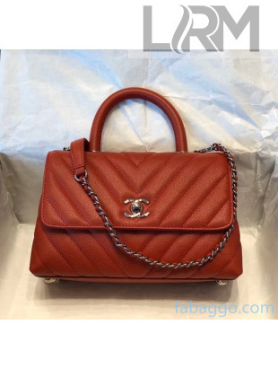 Chanel Chevron Small Flap Bag with Top Handle in Grained Calfskin A92990/A07147 Red 2020(Top Quality)