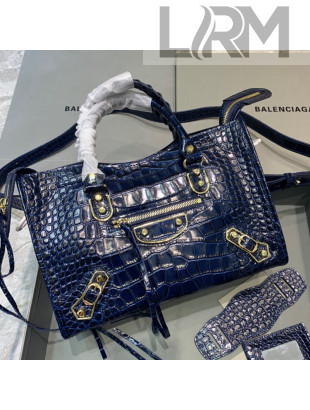 Balenciaga Classic City Small Bag in Shiny Crocodile Embossed Leather Navy Blue 2021