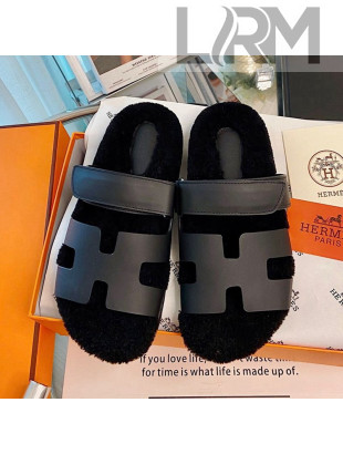 Hermes Chypre Wool and Nappa Leather Flat Sandals Black 2021