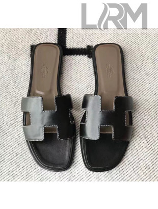 Hermes Oran H Flat Slipper Sandals in Smooth Calfskin Black/Grey 2021(Handmade)