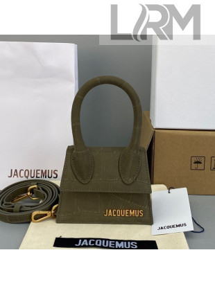 Jacquemus Le Chiquito Mini Top Handle Bag in Crocodile Embossed Suede Olive Green 2021