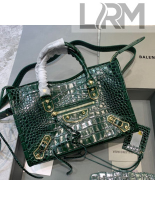 Balenciaga Classic City Small Bag in Shiny Crocodile Embossed Leather Dark Green 2021