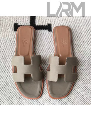 Hermes Oran H Flat Slipper Sandals in Smooth Calfskin Grey 2021(Handmade)