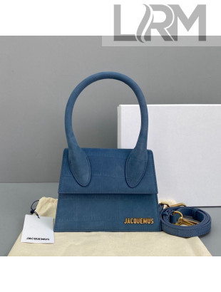Jacquemus Le Chiquito Small Top Handle Bag in Crocodile Embossed Suede Blue 2021