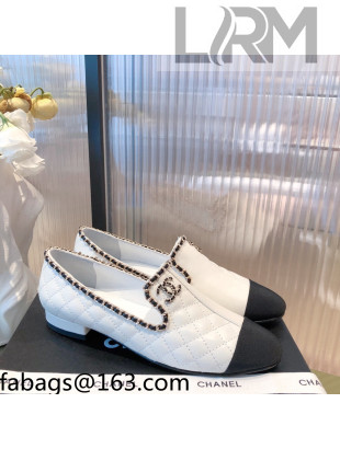 Chanel Chain Leather & Grosgrain Asymmetric Loafers White 2021 01