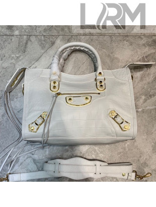 Balenciaga Classic City Small Bag in Shiny Crocodile Embossed Leather White/Gold 2021