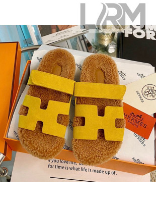 Hermes Chypre Wool and Suede Flat Sandals Yellow 2021