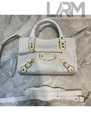 Balenciaga Classic City Mini Bag in Shiny Crocodile Embossed Leather White/Gold 2021