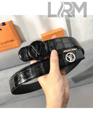 Louis Vuitton Men's Matte LV Circle Crocodile Embossed Leather Belt 40mm Black 2020