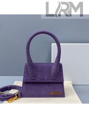 Jacquemus Le Chiquito Small Top Handle Bag in Crocodile Embossed Suede Purple 2021