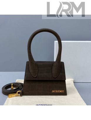 Jacquemus Le Chiquito Small Top Handle Bag in Crocodile Embossed Suede Dark Brown 2021