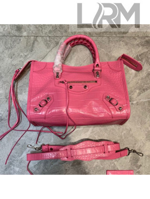 Balenciaga Classic City Small Bag in Shiny Crocodile Embossed Leather Pink 2021