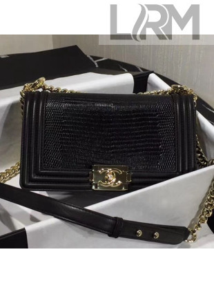 Chanel Lizard Embossed Leather Medium Classic Leboy Flap Bag Black 2019