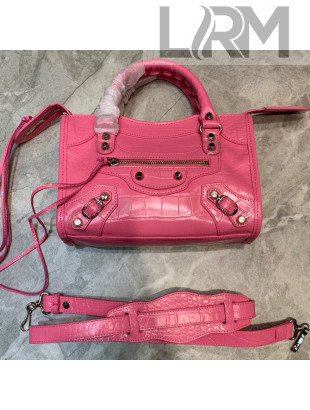 Balenciaga Classic City Mini Bag in Shiny Crocodile Embossed Leather Pink 2021