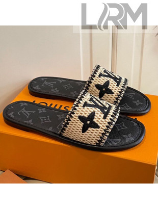 Louis Vuitton Lock It Raffia and Monogram Canvas Slide Sandals Black 2021