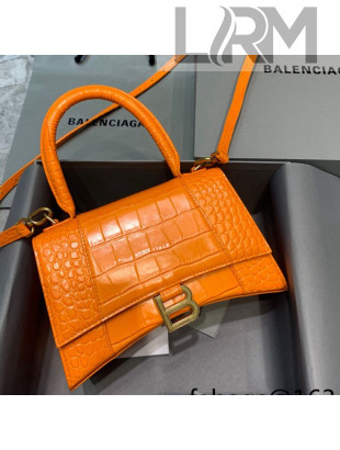 Balenciaga Hourglass Small Top Handle Bag in Shiny Crocodile Leather Orange 2021