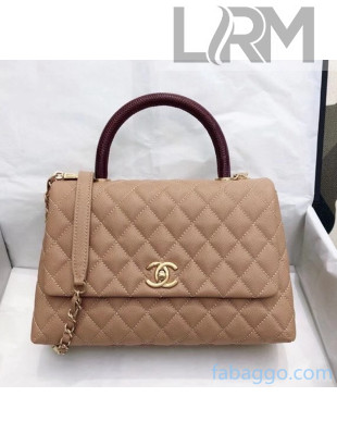 Chanel Medium Flap Bag with Lizard Top Handle in Grained Calfskin A92991 Apricot/Burgundy 2020(Top Quality)