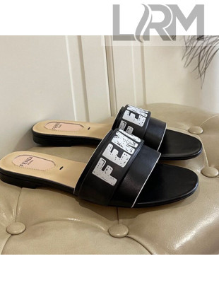 Fendi Lambskin Logo Print Flat Slide Sandals Black 2021