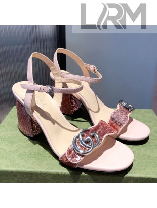 Gucci Sequin GG Strap Mid-heel Sandals Pink/Silver 2021