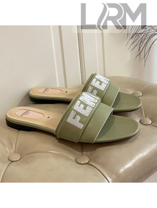 Fendi Lambskin Logo Print Flat Slide Sandals Green 2021