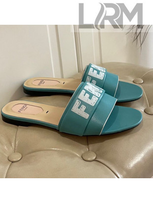 Fendi Lambskin Logo Print Flat Slide Sandals Blue 2021