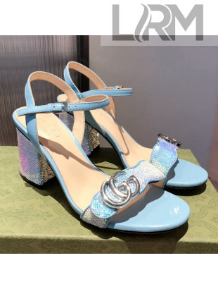 Gucci Sequin GG Strap Mid-heel Sandals Blue/Silver 2021