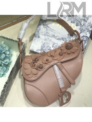 Dior Medium Saddle Bag in Beige Embroidered Flowers Lambskin 2019