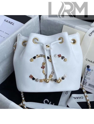 Chanel Logo Charm CC Lambskin Drawsring Bucket Bag AS1883 White 2020