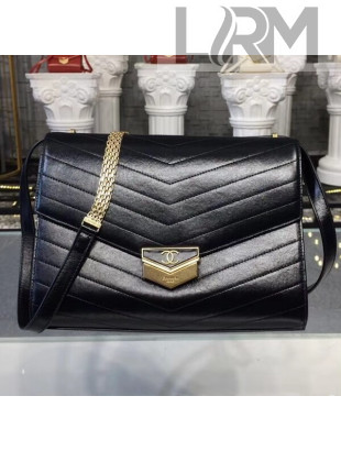 Chanel Chevron Calfskin & Gold Metal Large Flap Bag A57492 Black 2018
