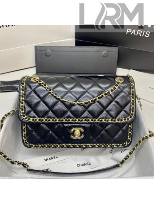 Chanel Quilted Shiny Crumpled Calfskin Large Flap Bag with Chain Charm AS1672 Black/Gold 2020 