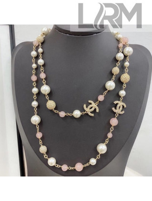 Chanel Pearl Long Necklace Pink/White 2020