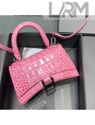 Balenciaga Hourglass Mini Top Handle Bag in Shiny Crocodile Leather Light Pink 2021
