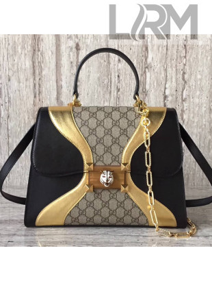Gucci GG Supreme and Black/Gold Leather Top Handle Bag 476435 2017