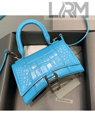 Balenciaga Hourglass Mini Top Handle Bag in Shiny Crocodile Leather Sky Blue 2021