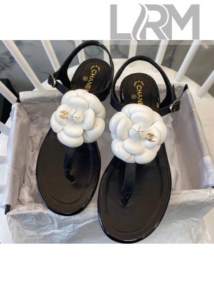 Chanel Lambskin Classic Camellia Thong Sandals Black/White 2020