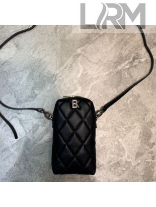 Balenciaga B. Quilted Lambskin Phone Holder Pouch Crossbody Black 2020