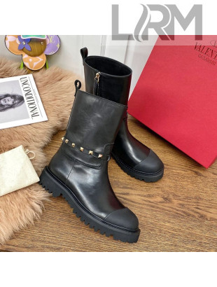 Valentino Rockstud Calfskin Strap Short Boots Black 2020