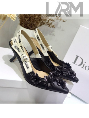 Dior J'Adior Mid-Heel Slingback Pump in Embroidered Flower Lambskin Black 2019