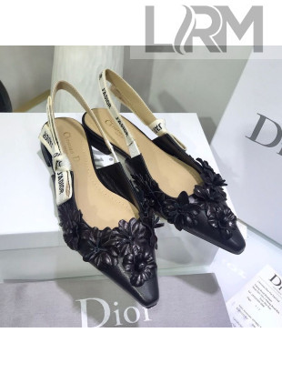 Dior J'Adior Flat Slingback Pump in Embroidered Flower Lambskin Black 2019