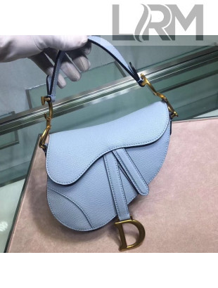 Dior Mini Saddle Bag in Grained Calfskin Leather Light Blue 2019