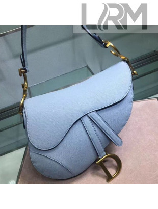 Dior Medium Saddle Bag in Grained Calfskin Leather Light Blue 2019