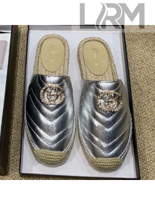 Gucci Chevron Lambskin Espadrille Slipper Mules with Double Crystal G Silver 2019