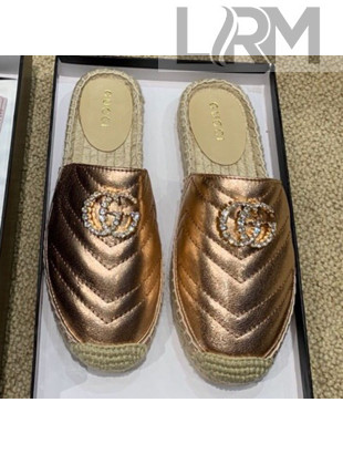 Gucci Chevron Lambskin Espadrille Slipper Mules with Double Crystal G Bronze Gold 2019