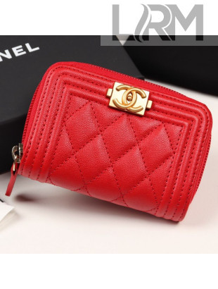 Chanel Quilted Grained Leather Boy Zipped Coin Purse A80602 Red 2019