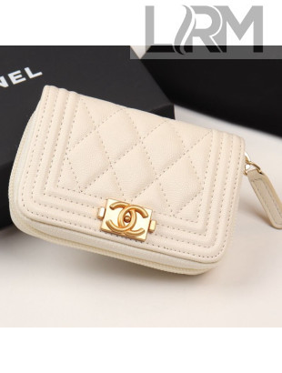 Chanel Quilted Grained Leather Boy Zipped Coin Purse A80602 White 2019